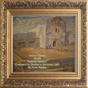 Read more about the article Spanish Mission Courtyard and Donkey in Morning Light — Amei Papitto