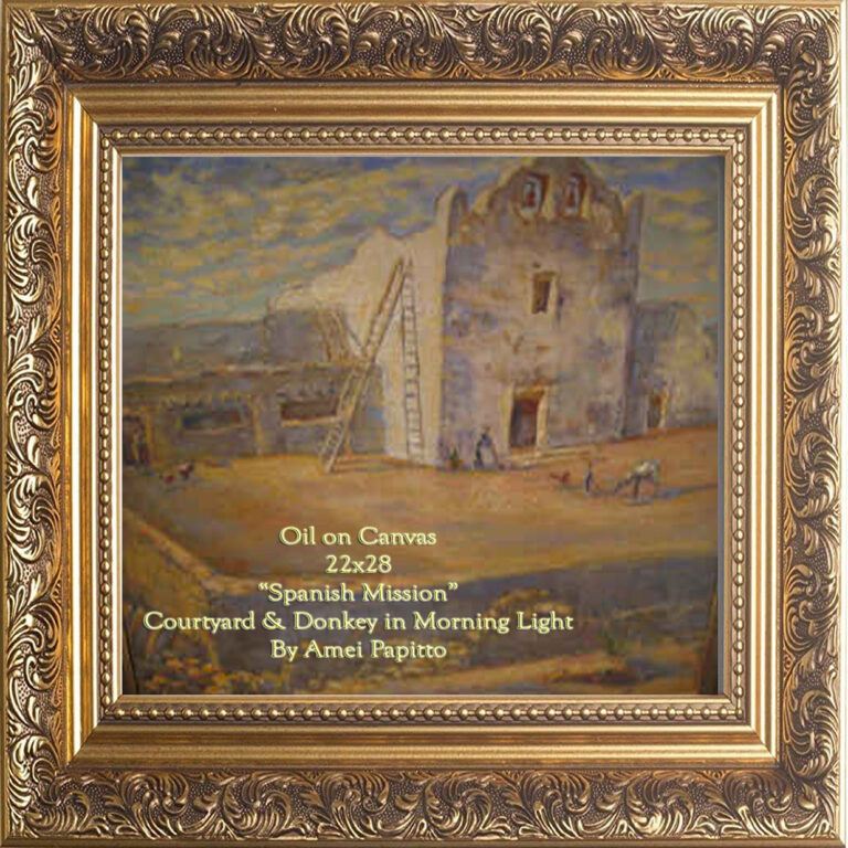 Read more about the article Spanish Mission Courtyard and Donkey in Morning Light — Amei Papitto