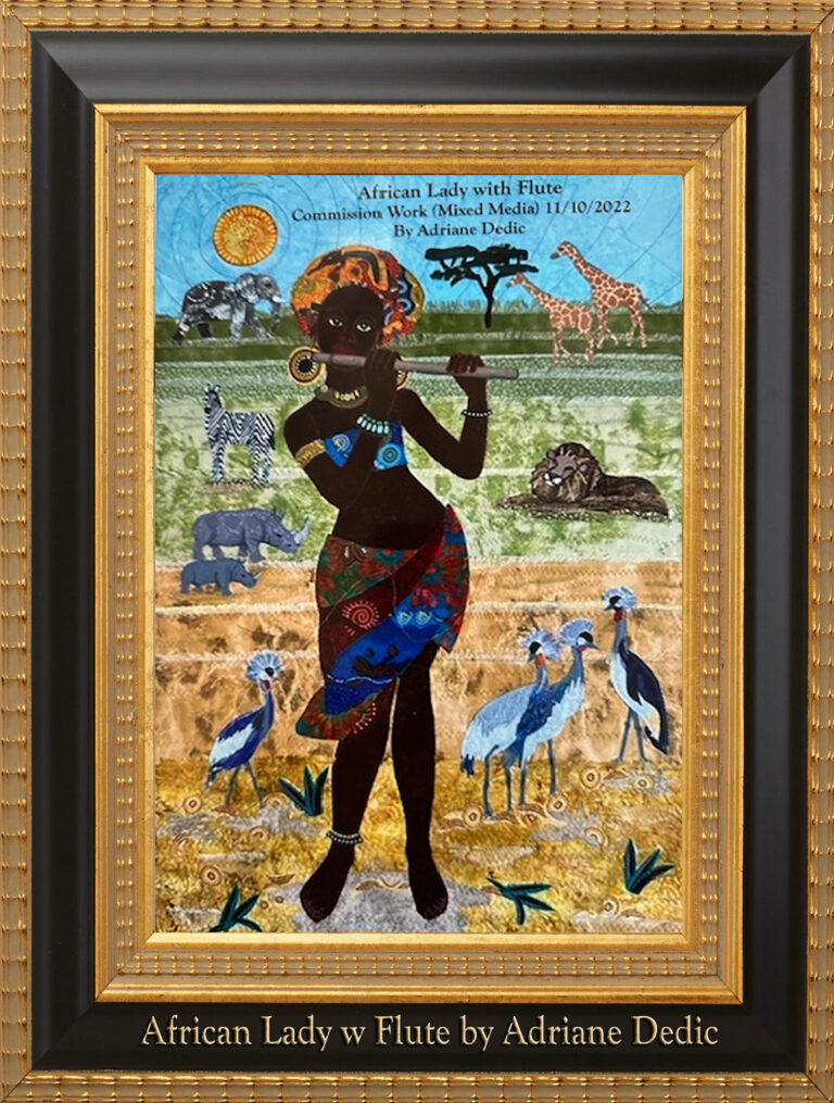 Read more about the article African Lady with Flute, Mix-Media by Adriane Dedic