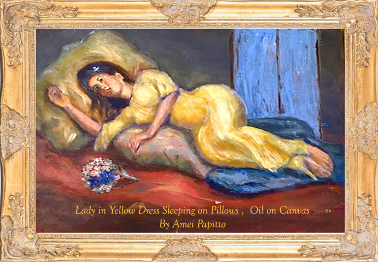 Read more about the article Lady in Yellow Dress Sleeping on Pillows by A. Papitto