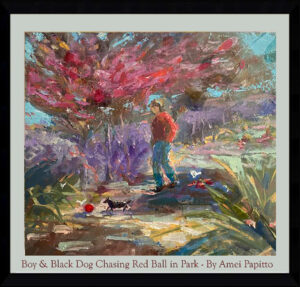 Read more about the article Boy & Black Dog Chasing Red Ball in Park, Oil on Canvas