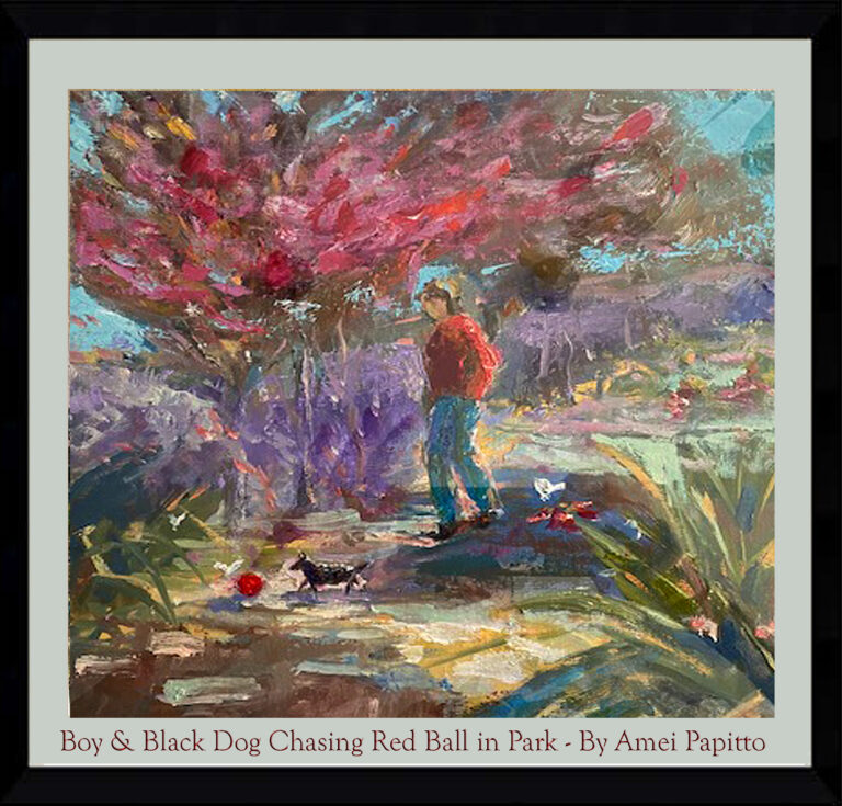 Read more about the article Boy & Black Dog Chasing Red Ball in Park, Oil on Canvas
