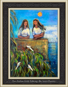 Read more about the article Two Indian Girls Talking by Amei Papitto, Oil on Canvas, 16×20