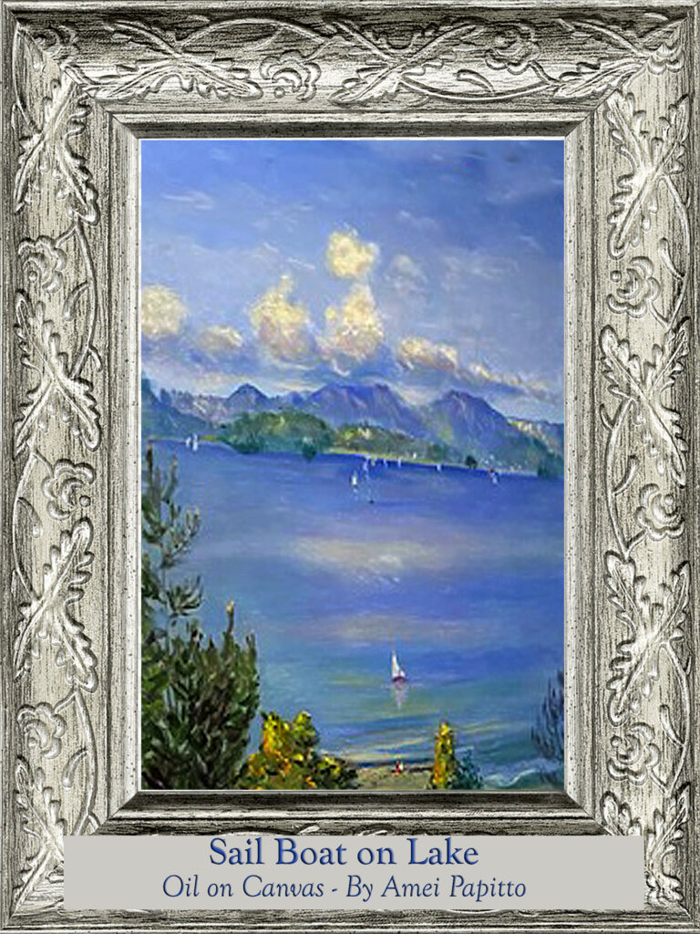 Read more about the article Sail Boat on Lake by Amei Papitto, Oil on Canvas