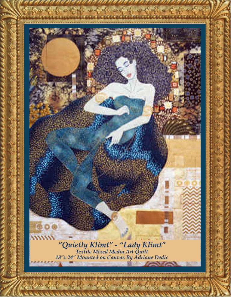 Read more about the article Lady Klimt in Blue- Quilt Art by adriane Dedic, 18×24