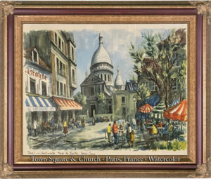 Read more about the article Paris France Five Watercolor Orginals  16×20 Each & English Town Square